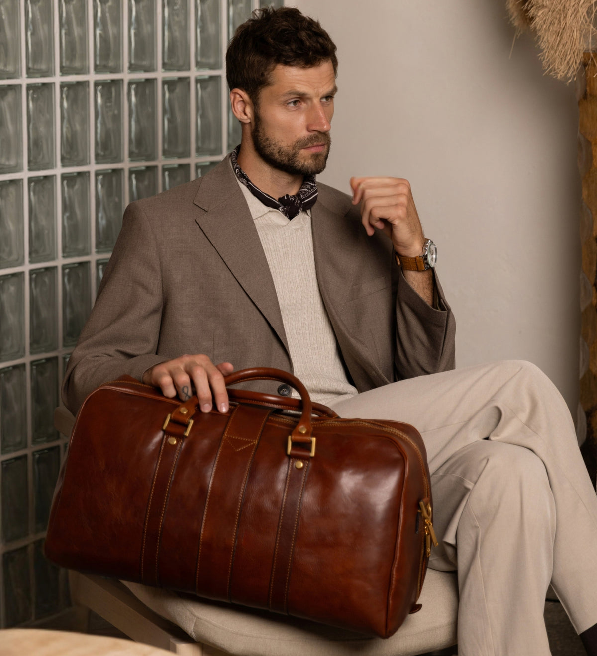 Cognac Brown Matte Leather Duffel Bag - Tender Is the Night