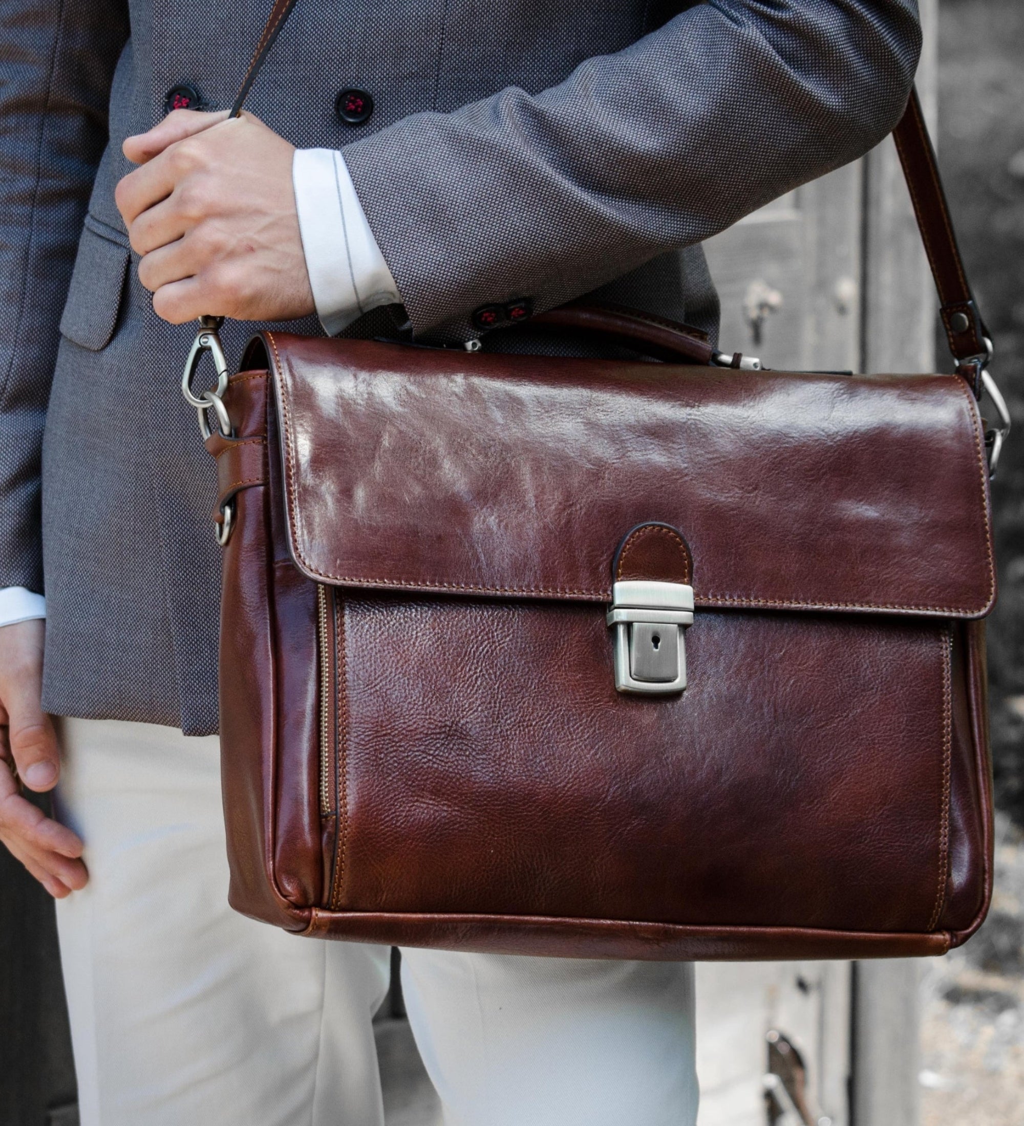 Leather Briefcase Laptop Bag - In Cold Blood