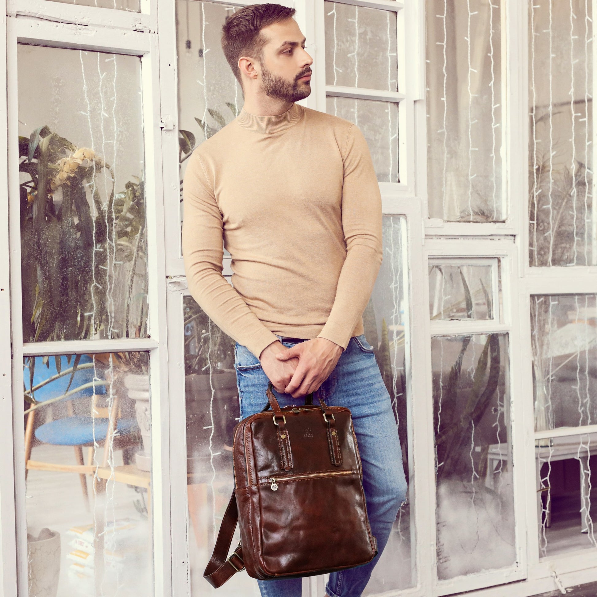 Brown Leather Backpack - Gone with the Wind Backpack Time Resistance   