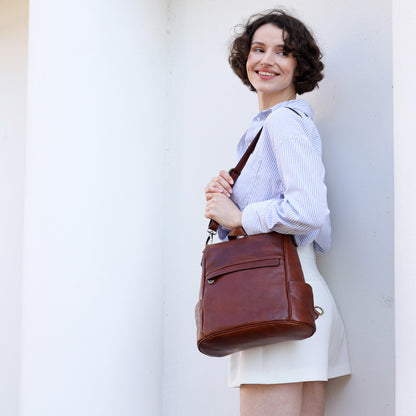 Cognac Brown Leather Convertible Backpack Shoulder Bag - The Waves Backpack Time Resistance   