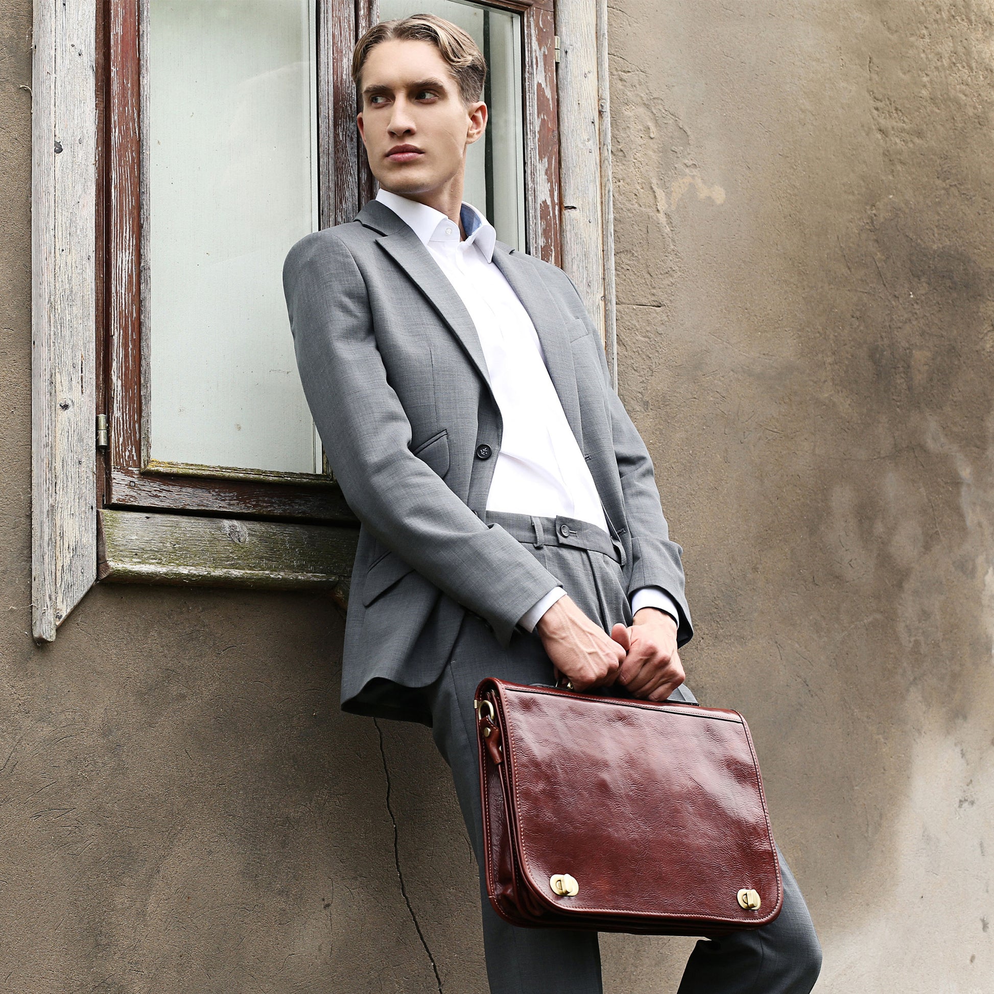 Leather Briefcase Laptop Bag - Illusions Messenger Bag Time Resistance   