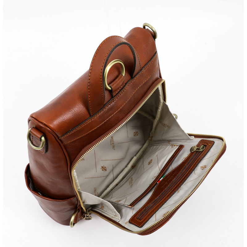 Cognac Brown Leather Convertible Backpack Shoulder Bag - The Waves Backpack Time Resistance   