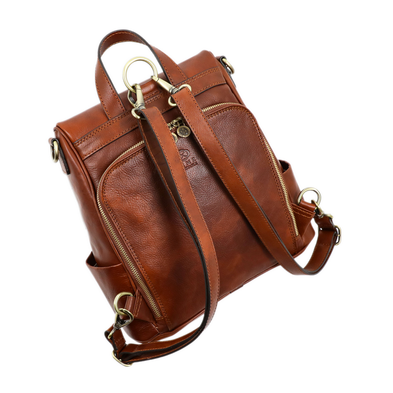 Cognac Brown Leather Convertible Backpack Shoulder Bag - The Waves Backpack Time Resistance   