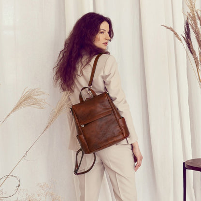 Cognac Brown Leather Convertible Backpack Shoulder Bag - The Waves Backpack Time Resistance   